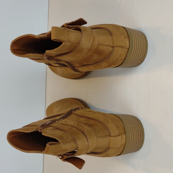 Sun + Stone Saandis Tan Slender Buckle Straps Block Heel Inner Ankle Zip Booties - Picture 5 of 15